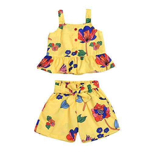2Pcs/Set Fashion Toddler Kids Baby Girl Sleeveless T-Shirt Top+Floral Denim Shorts Outfits (Floral-Yellow, 1-2 Years)