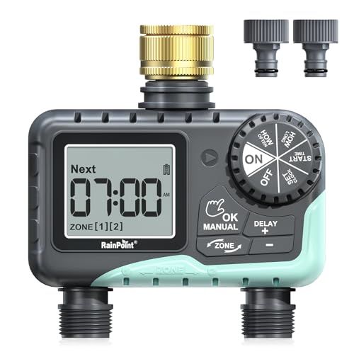 RAINPOINT Water Timer 2 Outlets, IP65 Waterproof Garden Hose Irrigation Timer with Brass Inlet, Rain Delay/Manual Watering, Automatic Watering System for Garden, Yard, Lawn, 2 Zone