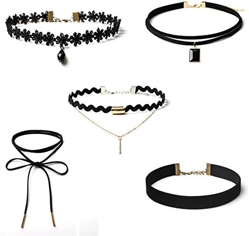 Women Necklace,Simayixx Women Lady Fashion 5 Pieces Choker Necklace Set Stretch Velvet Classic Gothic Tattoo Lace Choker Necklaces (Black)