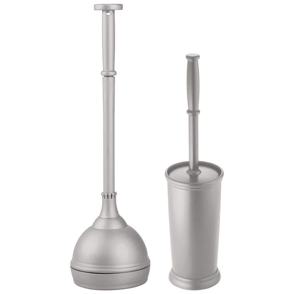 mDesign Set of 2 Essential Bathroom Accessories – Modern Combined Toilet Plunger and Toilet Brush – Compact and Freestanding Plastic Bathroom Tools – Grey