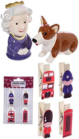 BRITISH QUEEN ELIZABETH CORGI SALT PEPPER SET+4 PEGS LONDON BUS GUARD POLICE BOX