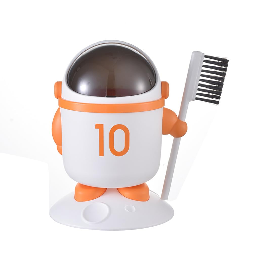 Hosoncovy Cartoon Astronaut Desktop Trash Can with Cleaning Brush Garbage Bin Paper Bin with Lid,Rubbish Storage Bin for Kids Room,Bedroom,Kitchen,Office (Orange)