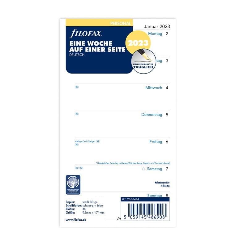 Filofax Personal 1 Week on 1 Page (German) 2023, 23-68444, White