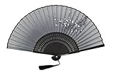 TANG DYNASTY(TM) High Quality High Quality Japanese Silk Handheld Fan Hand Fan Black with Flower Jhf-006