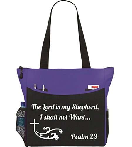 Psalm 23 The Lord Is My Shepherd Tote Bag Christian Bible Cover Verse Church Office School Travel Gym Book Organizer - Purple Black