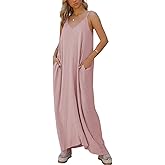 Poetsky Womens Casual Strappy V Neck Sleeveless Flowy Pockets Loose Long Maxi Beach Dress Sundress