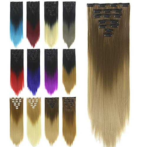 IMISSU 24 Inch 7PCS Set Long Straight Clip in Hair Extensions Ombre Color Full Head Hair Extension Hairpiece for Women 120g (Ombre Dark Brown)