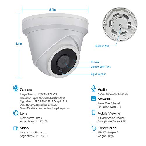 UltraHD 4K (8MP) Security POE IP Camera Dome VK-IMD28-A,2.8mm Fixed Lens,Resolution 3840x2160, 82ft Night Vision, Built in Audio Input,Compatible with Hikvision,Support Onvif,H.265,Weatherproof IP66 - Thumbnail 2