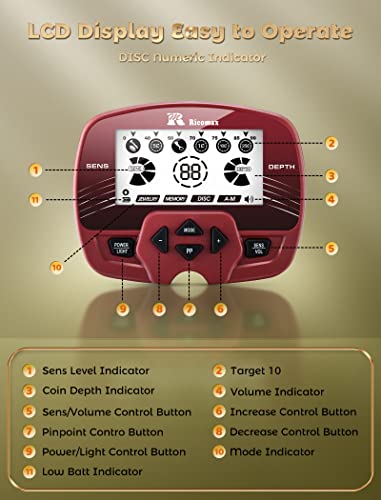 RM RICOMAX Metal Detector for Adults, Professional High Accuracy IP68 Waterproof Gold Metal Detector with LCD Display, 5 Modes, 9.4