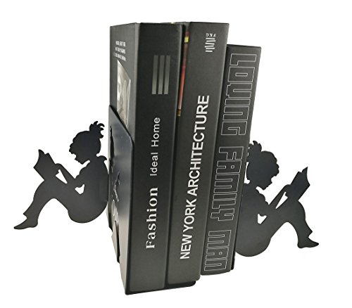 3D Paper-cut Little Girl Is Reading Pattern Metal Bookends Book Ends For Kids Teenagers Teachers Students Adults Study Home School Library Office Decoration (Black)