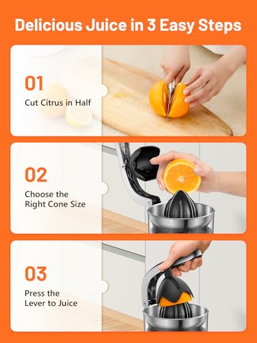 VINATO Electric Orange Squeezer with 2 Cones, Juice Extractor, Low Speed Juice Machine, Anti-Drip System and Easy Cleaning