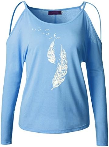 Nine Town Women Cold Shoulder Feather Printed Tie Blouse Long Sleeve T Shirt Top