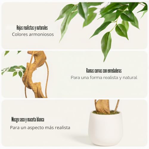 Keeplush - Artificial Ficus Plant, 180cm with White Pot, Real Large Artificial Plants with Curved Trunk and 1860 Leaves Artificial Tree for Indoor Living Room Decor
