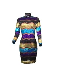 Vestido de malla transparente de lentejuelas de cuello alto para mujer, negro, morado, colorido, rayas, con purpurina, en niveles