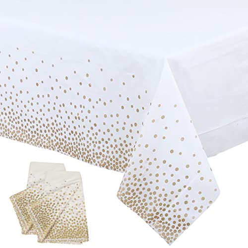 2Pcs 137*274cm White and Rose Gold Disposable TableCloth Table Covers,Party Dot Confetti Rectangular Tablecover Plastic Tablecloths for Picnic,Baby Shower,Wedding,Christmas,Birthday Parties Decoration