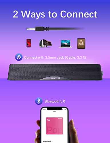Nylavee Computer Speakers, HiFi Sound Quality PC Speakers for Desktop, Bluetooth 5.0 and 3.5mm Aux-in Computer SoundBar, USB Powered Desktop Speaker for PC, Laptop, Tablet, Xbox, Gaming Speaker