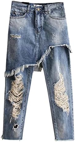 Qiangjinjiu Women Casual Fake Two Pieces Ripped Hole Denim Pants Jeans 1 XS