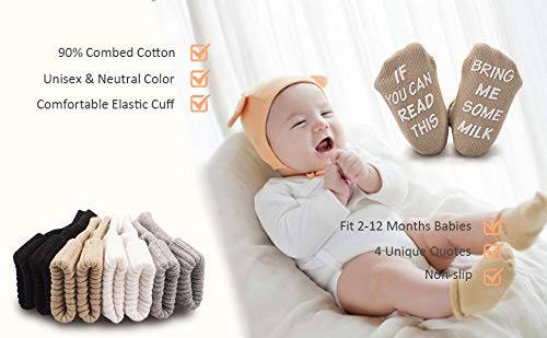 CozyWay Baby Socks Unique Baby Shower Gifts Newborn Present 4 Pairs Anti-skid Quote Funny Socks 0-12 Months