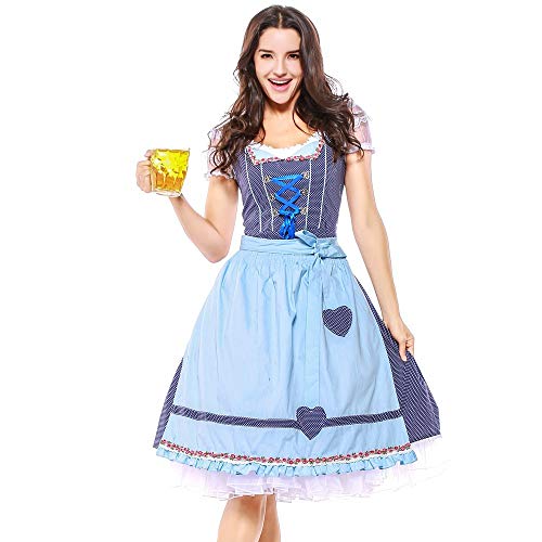 NUWFOR 4PC Women Bandage Apron Bavarian Oktoberfest Costumes Barmaid Dirndl Dress(Blue,L)