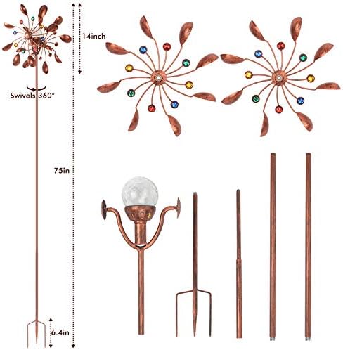 Colorful solar wind spinner spinning in a backyard.