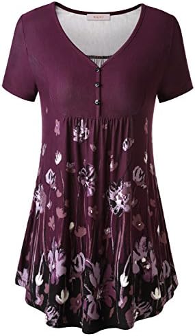WAJAT Women's Short Sleeve V Neck Front Pleated Flared Comfy Loose Tunic Top Purple Floral L