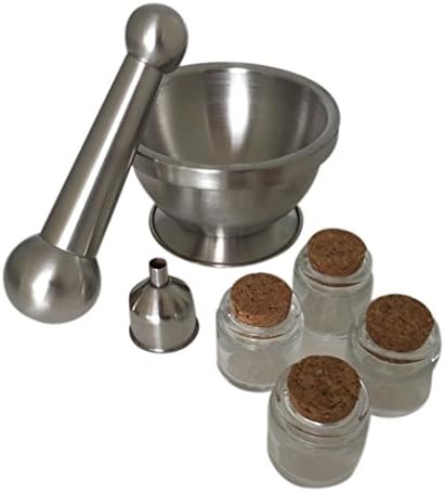 Mortar And Pestle With Four Spice Jars and Funnel Gift Set (Stainless Steel)