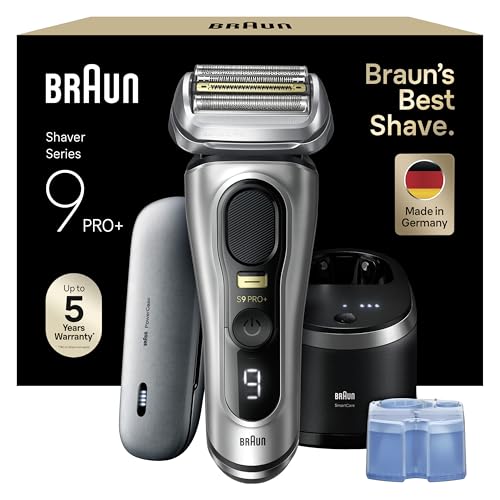 Braun Series 9 PRO +, Rasoio Elettrico Barba, Regolabarba Uomo, Rifinitore di precisione, con PowerCase, Lame Flessibili, SmartCare, Impermeabile, Batteria Litio Ion, Idea Regalo, 9577cc Argento