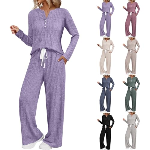 Autumn Pyjamas 2 Piece Outfits for Women UK Long Sleeve Half Button Jumpers Ribbed Travel Fall Outfit Crew Neck Lounge Wear Sets Wide Leg Trousers Pajamas Set Casual Loungewear Nightwear Homewear