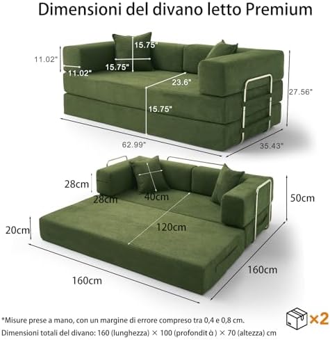 Divano letto a 2 posti, 160 cm, con schiuma e molle, per soggiorno, verde