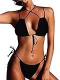 Hestenve Women Brazilian Thong Bikini Sets Criss Cross Tied Knot Push Up 2Pcs Swimsuits Black Small