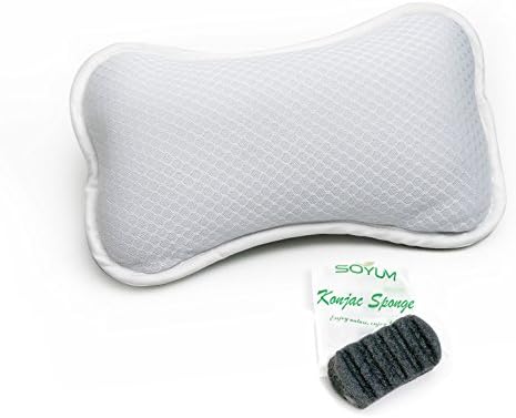 Non-Slip Bath Pillow Gift Set with Konjac Bath Sponge, 2 Suction Cups, Supports Neck and Shoulders, Anti Bacterial, Luxurious Cushion