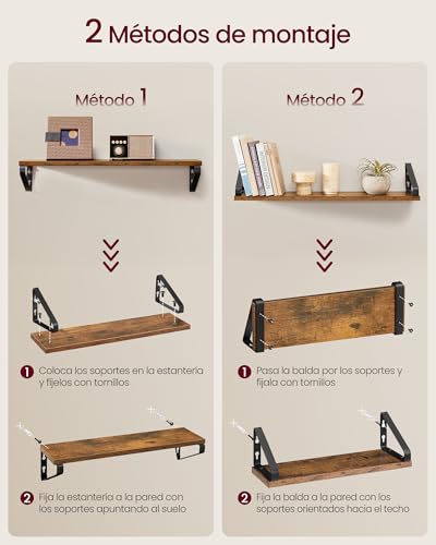 VASAGLE Wall Shelves, Floating Shelves, Set of 3, 2 Mounting Forms, 40/50/60 cm, Decorative Shelves, for Living Room, Bathroom, Kitchen, Rustic Brown and Matte Black LWS043K01