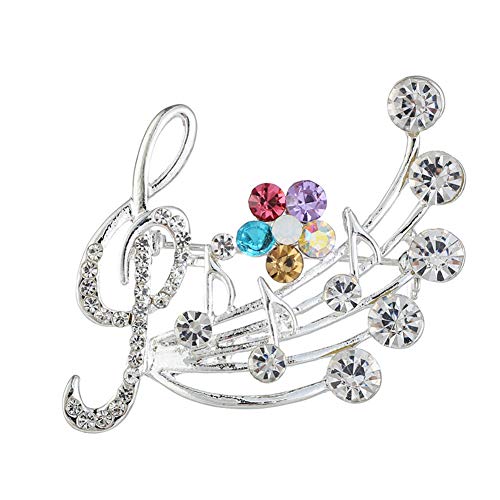Fashion Music Note Sheet Brooch Colorfu Rhinestaone Flower Note Treble Clef Brooch Pin Scarf Buckle for Women Wedding Concert Party Jewelry Gift(silver)