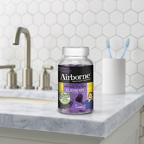AIRBORNE ELDERBERRY + ZINC & VITAMIN C GUMMIES FOR ADULTS, IMMUNE SUPPORT VITAMIN D & ZINC GUMMIES WITH POWERFUL ANTIOXIDANT VITAMINS C D & E – 50 GUMMIES, ELDERBERRY FLAVOR