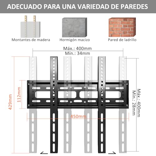 Salandens Soporte TV Universal, Soporte para Pantallas de LED y LCD de 26 a 65 Pulgadas, Soporta hasta 50 kg, Acero Súper Reforzado, Máx VESA 400x400 mm