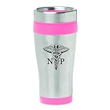 16oz Insulated Stainless Steel Travel Mug NP Nurse Practitioner Caduceus (Hot Pink)