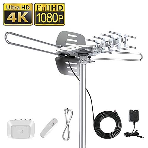 Vansky Outdoor Amplified HD TV Antenna 150 Mile Range, 360 Rotate Digital Antenna Support 2TVs Receive HD UHF/VHF Channel, Pre-assemble w/ High Performance 33ft Coaxial Cable(Antenna Pole Excluded)