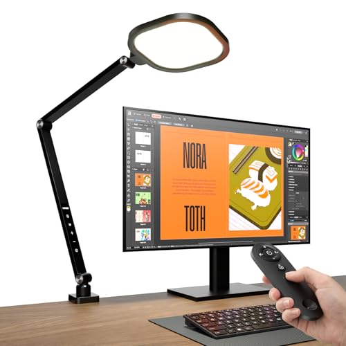 LitONES Schreibtischlampe LED Klemmbar, 15W Dimmbare Tageslichtlampe Schreibtisch mit Fernbedienung & Timer für Videokonferenz, Bürolampe mit 3 Farbmo