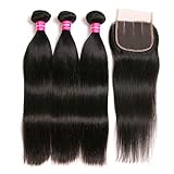Brazilian Straight Hair With Closure 3 Bundles Unprocessed Virgin Human Hair Bundles With Lace Closure Three Part Hair Extensions Natural Color (24 26 28+22Three part)