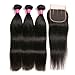 Brazilian Straight Hair With Closure 3 Bundles Unprocessed Virgin Human Hair Bundles With Lace Closure Three Part Hair Extensions Natural Color (24 26 28+22Three part)