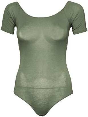 Curvy Street Short Sleeves Boat Neck One Piece Stretchy Bodycon Bodysuit (Olive, Small)