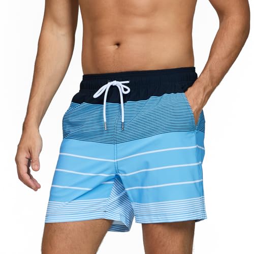 Bañador Hombre Secado Rapido Respirable Traje de Baño Estampado Ligero Boxer Calzones Bano para Natacion Playa Surf de Bolsillo con Cremallera Rayas Azules y Blancas L
