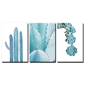 Blue Cactus And Succulents - 3 Panel Canvas Art