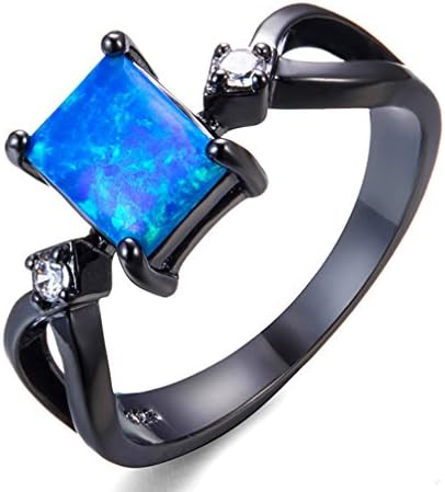 Design Big Rectangle Ocean Blue Fire Opals Vintage White Crystal Zircon Black Gold Filled Promise Ring