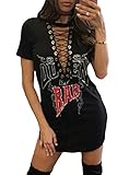 Astylish Womens Sexy V Neck Print Hollow Out Lace Up Bandage Mini T Shirt Dress