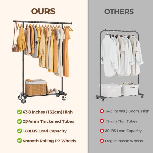 HYSEYY Clothes Rail, Rolling Clothes Rack, Clothing Rail with 4 Lockable Wheels & Storage Shelf, Sturdy Clothing Rack for Bedroom, Laundry Room, Portable Hanging Rail, 162H x 102W x 42D cm, Black