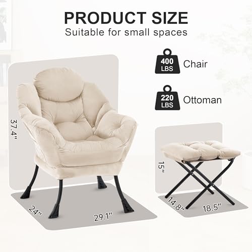 Zedachica Lazy Chair with Ottoman, Modern Upholstered Accent Armchair with Foot Stool, Lounge Reading Chair for Adults, Leisure Living Room Armchair with Side Pocket for Bedroom, Dorm, Beige