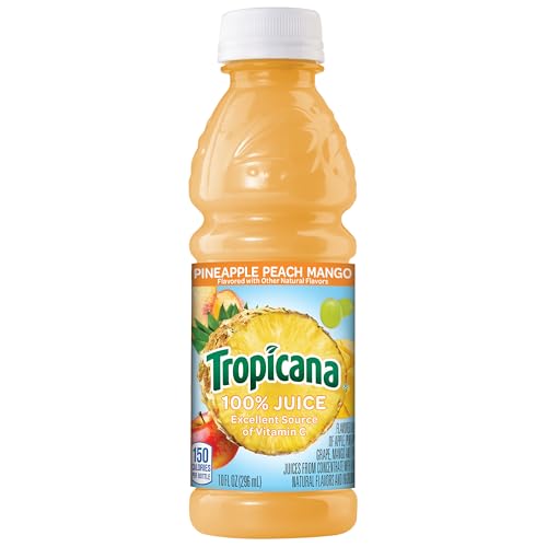TROPICANA 100% PINEAPPLE PEACH MANGO JUICE,SINGLE SERVE, 10 FL OZ BOTTLES (PACK OF 24) – REAL FRUIT JUICE, VITAMIN C, B & E RICH, NO ADDED SUGARS, NO ARTIFICIAL FLAVORS