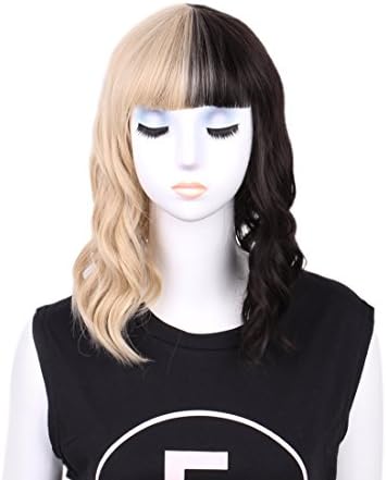 Queentas Half Black and Blond Short Hair Curly Cosplay Heat Resistant Fiber Full Wig for Women