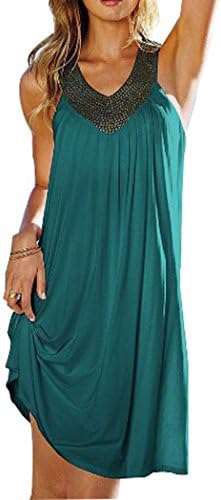 Vicheer Women's Elegant V Neck Ruffle Sleeveless Tank Loose Boho Beach Party Dresses Green